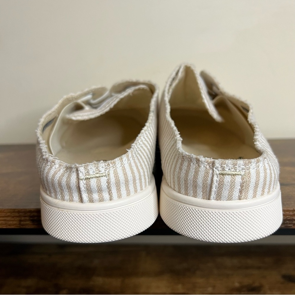 canvas mules slip on shoes tan white stripes Spenco Santa Rosa women's 9 - Picture 5 of 14